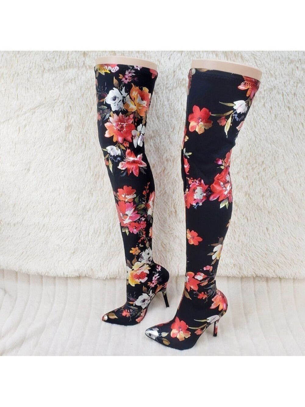Brand New Metallic floral otk stretch 4" high heel Pull On Stocking boots